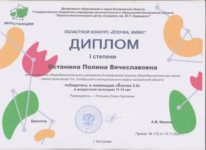 Диплом 1 ст. Останина Полина, Следово